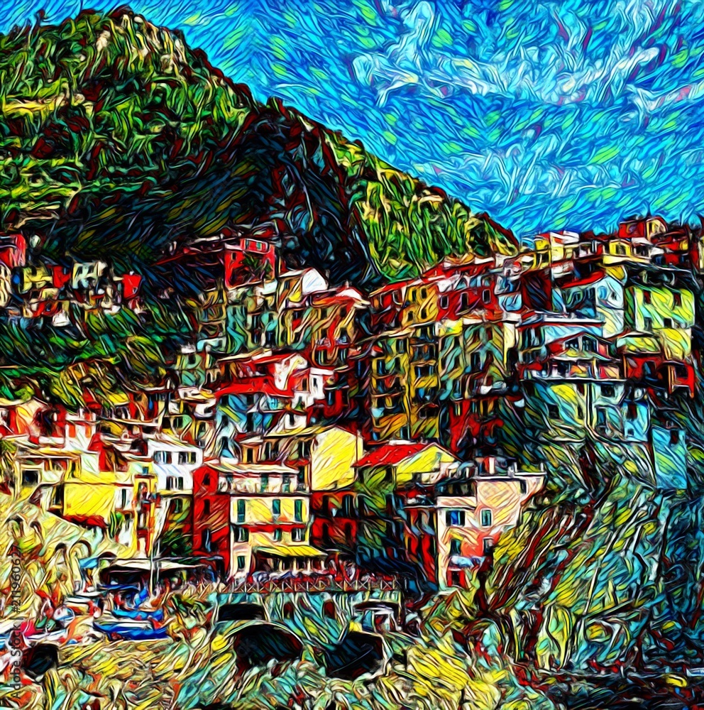 Manarola, Cinque Terre landscape. Tourism in Italy. Small Italian resort town. Big size oil painting fine art. Modern impressionism drawn artwork. Creative artistic print for canvas, poster or paper.