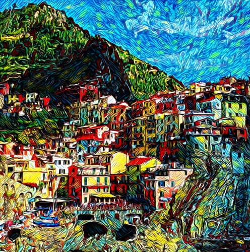 Manarola  Cinque Terre landscape. Tourism in Italy. Small Italian resort town. Big size oil painting fine art. Modern impressionism drawn artwork. Creative artistic print for canvas  poster or paper.