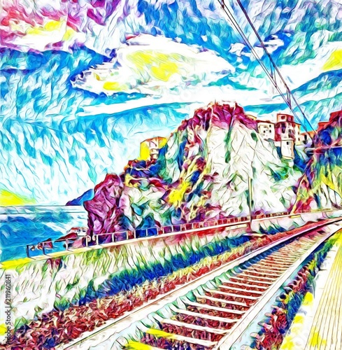 Railway to Manarola  Cinque Terre. Vacation in Italy. Big size oil painting fine art. Modern impressionism drawn artwork. Creative artistic print for canvas or paper. Poster or postcard design.