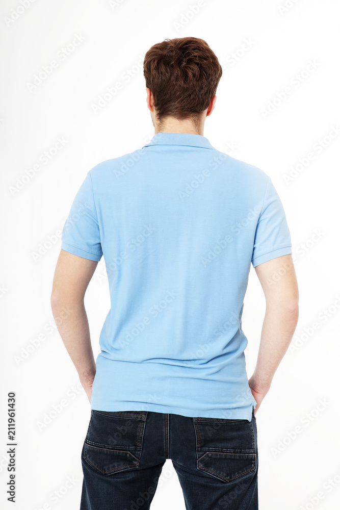 Fototapeta premium Back view Shirt. Template and blank t shirt. Man in T-Shirt and black jeans isolated on white background.