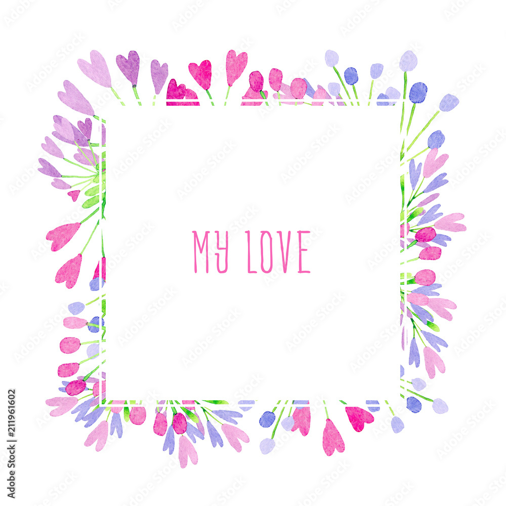 watercolor square frame with stylized flowers and hearts and a signature on a white background watercolor square frame with stylized flowers and hearts and a signature on a white background