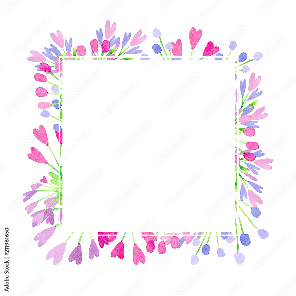 watercolor square frame with stylized flowers and hearts watercolor square frame with stylized flowers and hearts