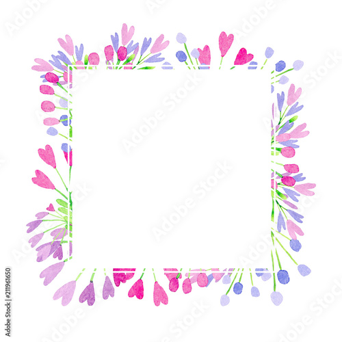 watercolor square frame with stylized flowers and hearts
