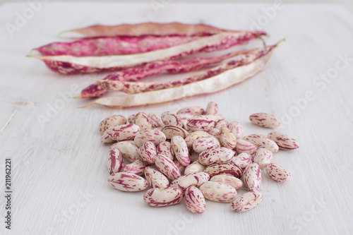 Fresh organic cranberry beans isolated Roman beans Kidney beans Country style Harvesting concept Local market Grocery store Vegetarian food Protein source White wooden background Copy space Top view