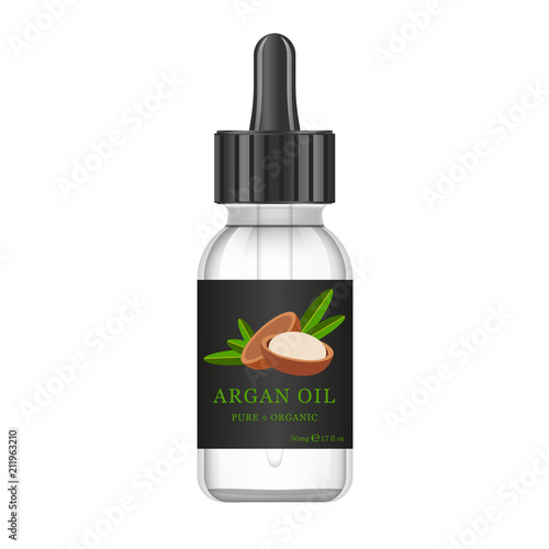 Realistic white glass bottle with argan extract. Beauty and cosmetics oil - argan. Product label and logo template. Isolated vector illustration.