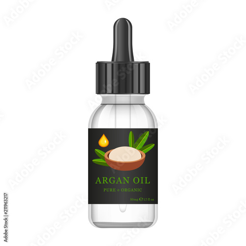 Realistic white glass bottle with argan extract. Beauty and cosmetics oil - argan. Product label and logo template. Isolated vector illustration.