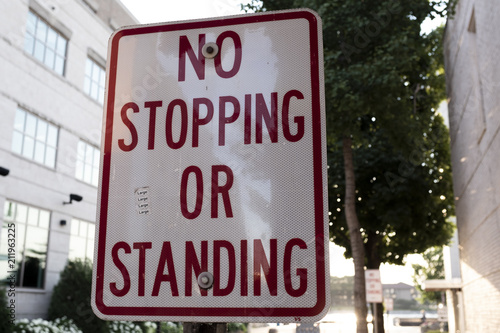 No Stopping Or Standing Road Sign Downtown