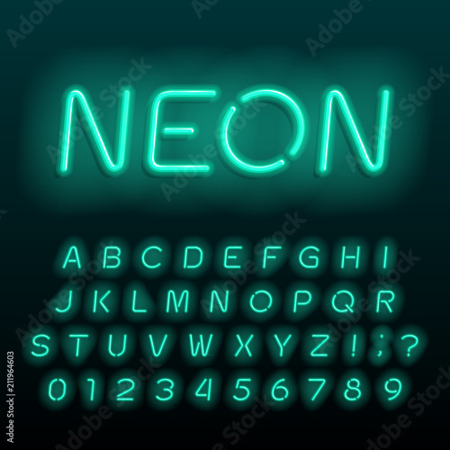 Neon lamp alphabet font. Neon color oblique letters, numbers and symbols. Stock vector typeface for any typography design.