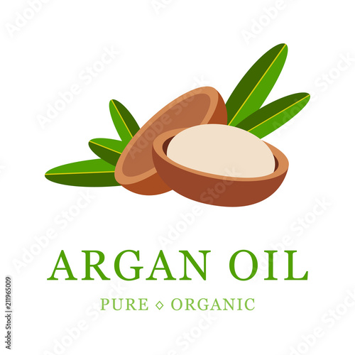 Argan oil skin care cosmetic. Argan seeds, for the production of oil. Very nutritious for skin and hair. Packaging design template and emblem.