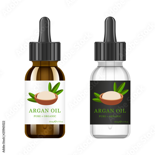 Realistic white and brown glass bottle with argan extract. Beauty and cosmetics oil - argan. Product label and logo template. Isolated vector illustration.