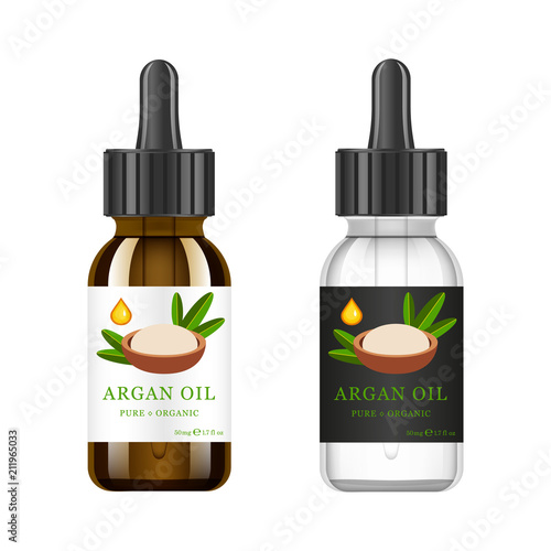 Realistic white and brown glass bottle with argan extract. Beauty and cosmetics oil - argan. Product label and logo template. Isolated vector illustration.