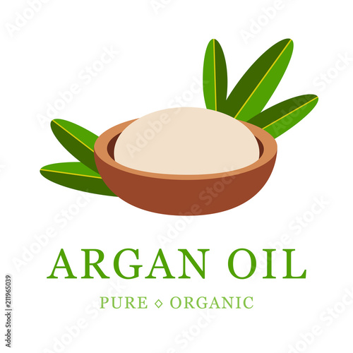 Argan oil skin care cosmetic. Argan seeds, for the production of oil. Very nutritious for skin and hair. Packaging design template and emblem.