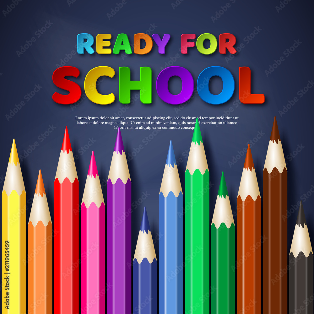 Ready for school paper cut style letters with realistic colorful pencils. Blackboard background. Vector illustration. Ready for school paper cut style letters with realistic colorful pencils. Blackboard background. Vector illustration.