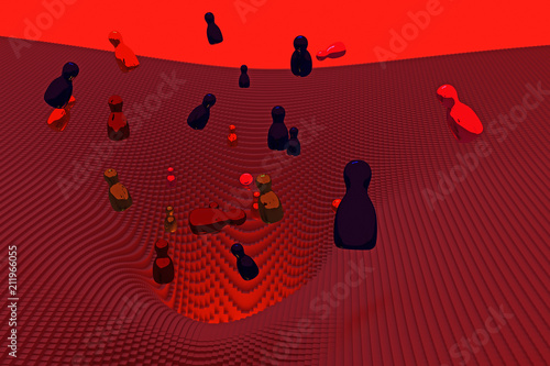 3d-Illustration von frei fallenden, glänzenden Figuren (Rotationskörper) über einer Landschaft von Potentialtrichtern, die aus Hunderten von länglichen Quadern mit quadratischer Grundfläche besteht