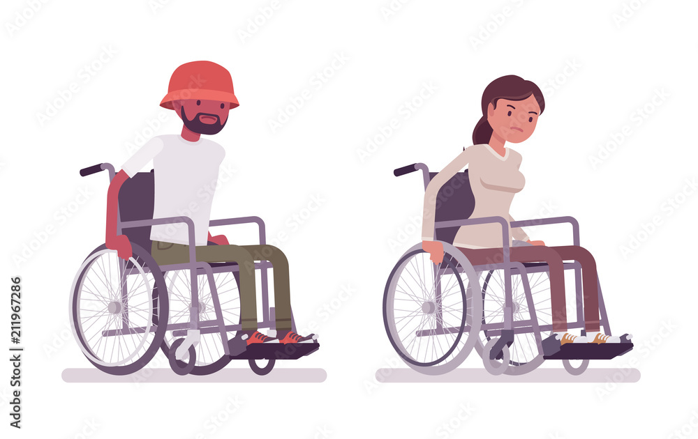 Male, female young wheelchair user moving manual chair