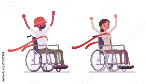 Male, female young wheelchair user crossing red finish line