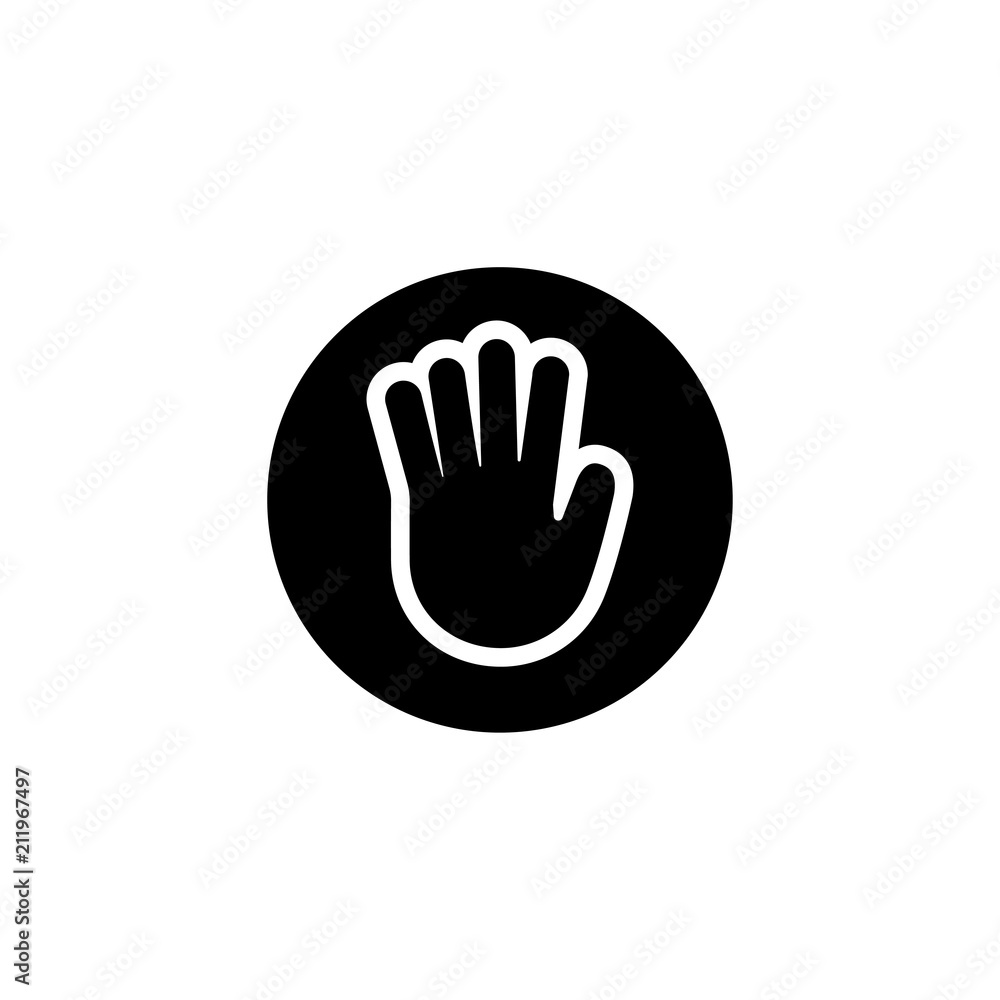 Stop Hand. Flat Vector Icon illustration. Simple black symbol on white background. Stop Hand sign design template for web and mobile UI element Stop Hand. Flat Vector Icon illustration. Simple black symbol on white background. Stop Hand sign design template for web and mobile UI element