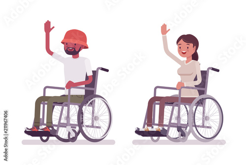 Male, female young wheelchair user high five gesture