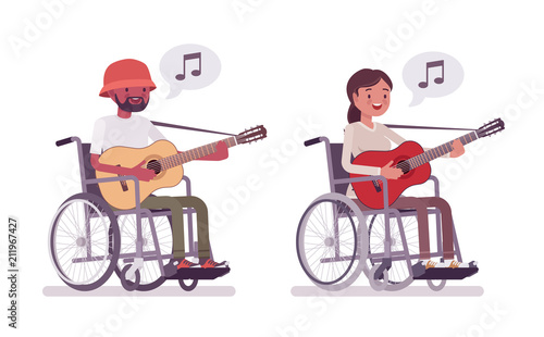 Male and female young wheelchair user playing guitar