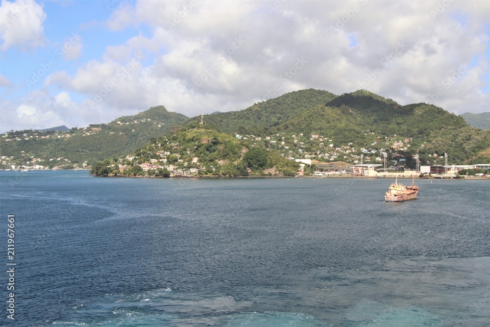 Caribbean island, St. George, Grenada seen from the sea