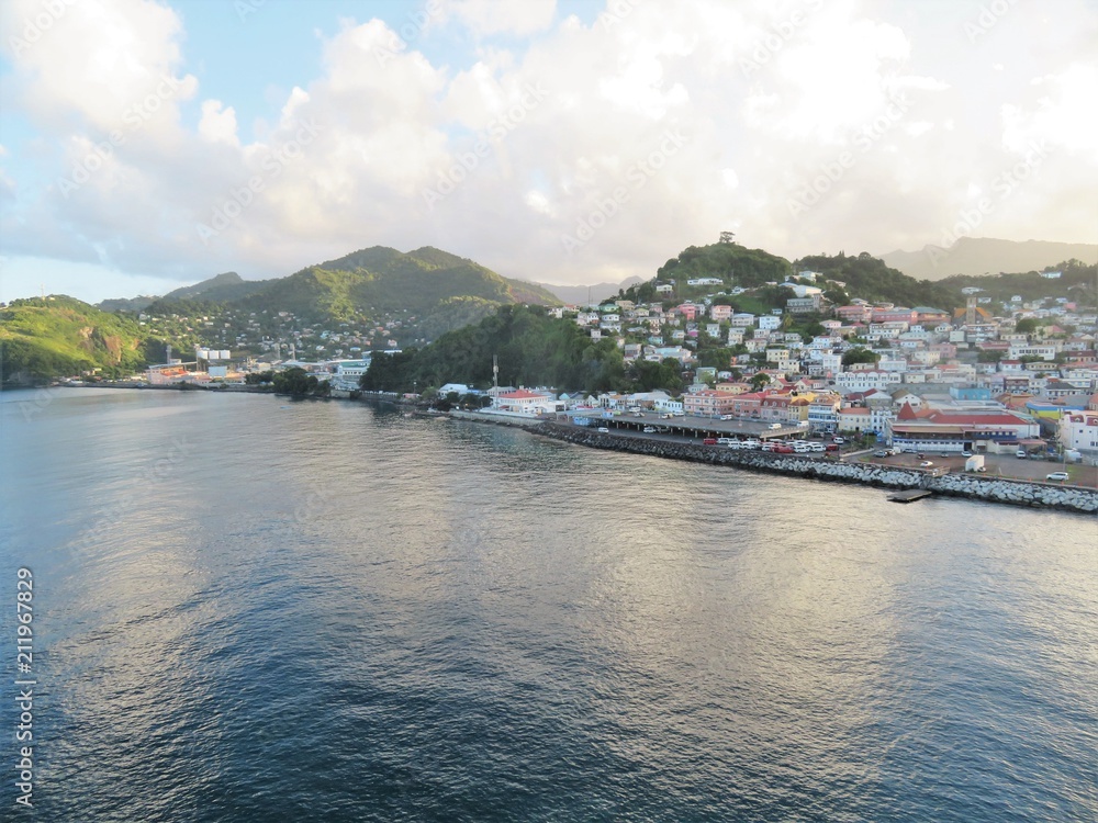 Caribbean island, St. George, Grenada seen from the sea