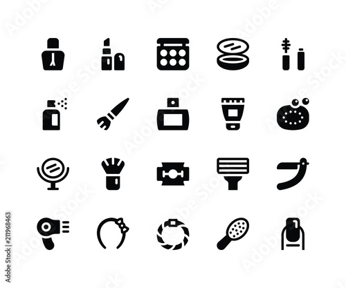 Simple Set of Beauty Related Vector Glyph Icons. Contains such Icons as Nail Polish, Lipstick, Make Up, Compact, Mascara and more. pixel perfect vector icons based on 32px grid
