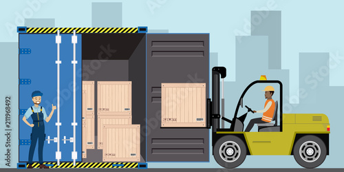 Forklift working with cargo container and product wooden boxes