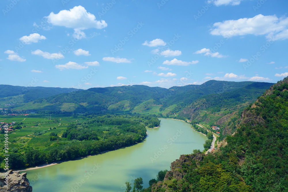 Panoramic aerial view of beautiful Wachau Valley with the historic town of Durnstein and famous Danube river, Lower Austria region, Austria