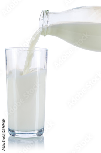 Milch einschenken eingießen eingiessen Glas Flasche Milchglas freigestellt Freisteller isoliert