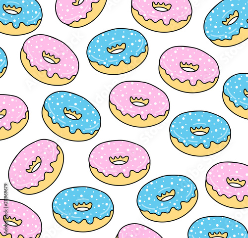 Background for cafes, restaurants, coffee shops, catering. Donuts with pink and blue icing. Texture for menu, booklet, banner, website. Vector illustration. 