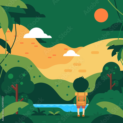 Travelers in Green Forrest Landscape Flat Style Vector Illustrtion