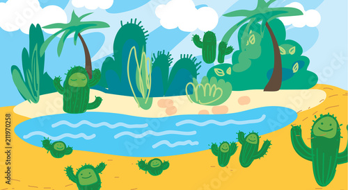 Doodle cartoon desert oasis with palm cacti background. Tropical landscape. Vector isolated hand draw landscape. Use as picture for childrens game book cover notes wallpaper in nursery scenery