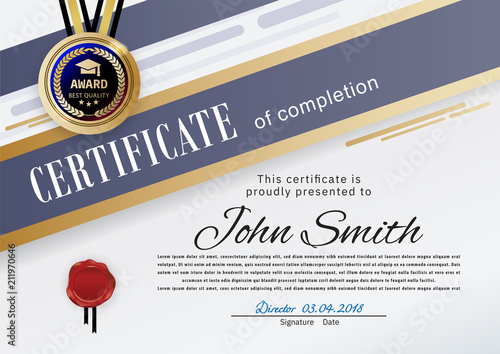 Official white certificate with blue gold stripes, education design elements, graduatioin cap in emblem. Clean modern design.. Afstract background