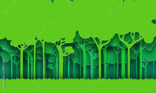 Eco green nature forest background. Paper art style.