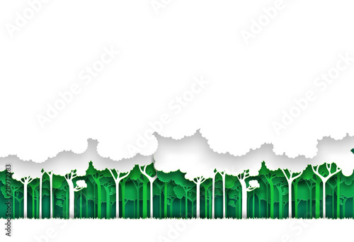 Eco green and white forest background. Paper art style.