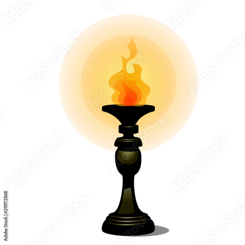 Vintage burning torch on stand facing the floor. Light source isolated on a white background. Vector illustration.