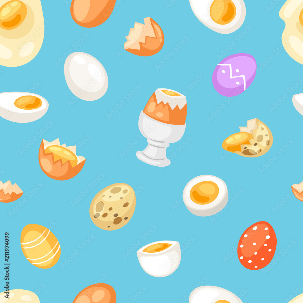 Egg vector easter food and healthy eggwhite or yolk in egg-cup or cooking omelette in frying pan for breakfast illustration set of eggshell or egg shaped ingredients seamless pattern background Egg vector easter food and healthy eggwhite or yolk in egg-cup or cooking omelette in frying pan for breakfast illustration set of eggshell or egg shaped ingredients seamless pattern background