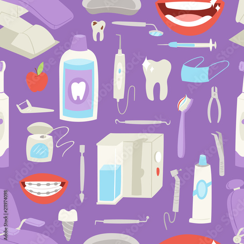 Cartoon dentist doctor character and stomatology equipment vector illustration.