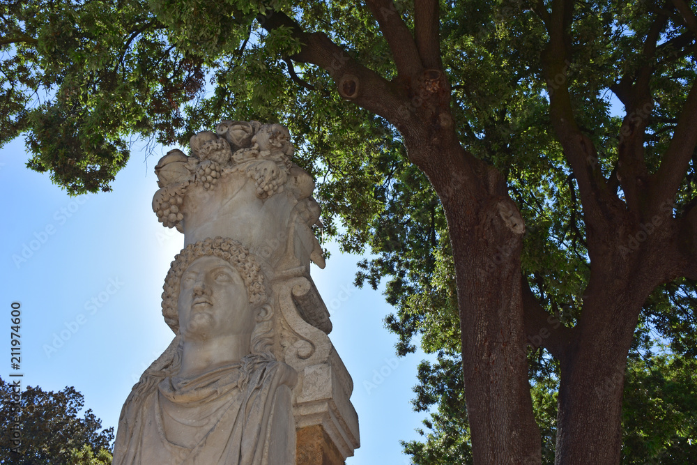 Rome,  busts and statues of historical and mythological figures in the avenues of Villa Borghese, a large public park in the center of the city.