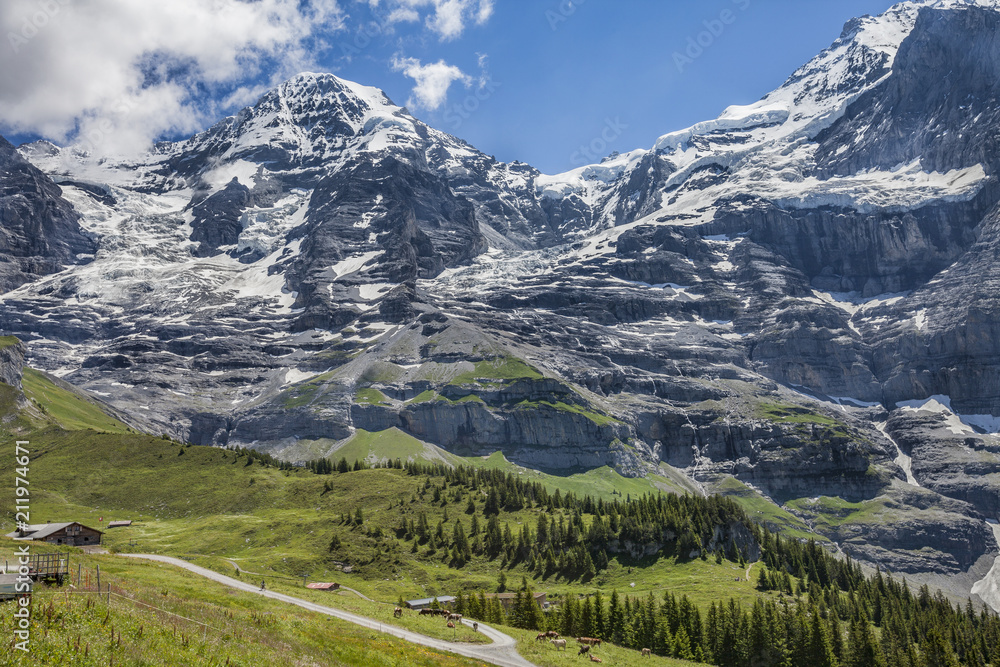 nice and ever young senior woman riding her e-mountainbike below the Eiger northface, Jungfrauregion, Switzerland