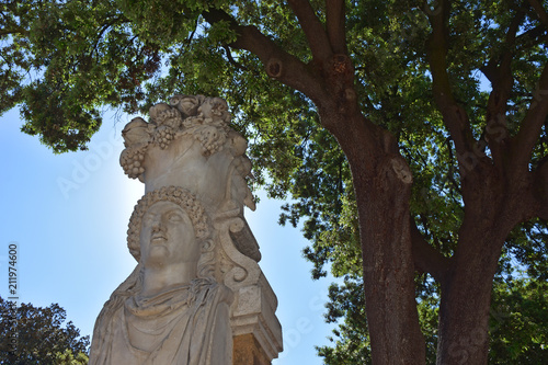Rome,  busts and statues of historical and mythological figures in the avenues of Villa Borghese, a large public park in the center of the city. © benny