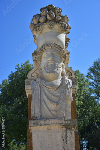 Rome, busts and statues of historical and mythological figures in the avenues of Villa Borghese, a large public park in the center of the city.