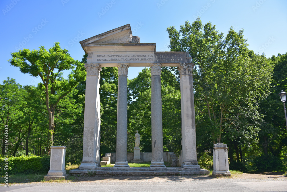 Rome, ruins of an ancient temple in the Villa Borghese, a large public park in the center of the city.