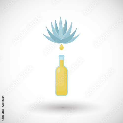 Tequila bottle and blue agave flat vector icon