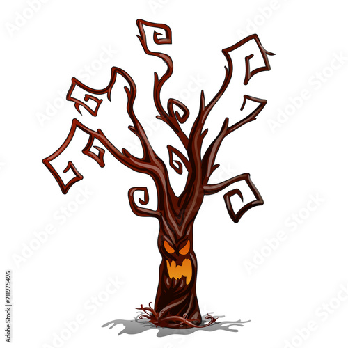 Dark wood with a shining face isolated on white background. Sketch for greeting card, festive poster or party invitations. The attributes of the holiday of evil spirit Halloween. Vector.