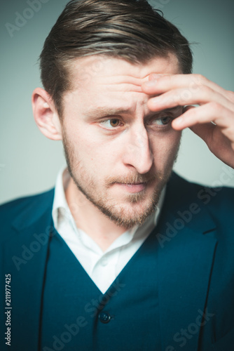 Wallpaper Mural Painful memories. Man think about stressful horrible events from his past. Guy regret of his actions in past. Suffering and disappointment concept. Man painful face sad depressed touching forehead Torontodigital.ca