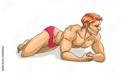 man on the beach in swimming trunks, young man running on the beach to ocean to swim