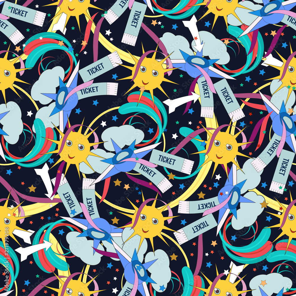 Seamless pattern. Decorated with sun, airplane, cloud. Doodles style.