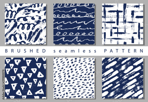 Vector Set seamless pattern with brush stripes and strokes sign. Blue color on white background. Hand painted grange texture. Ink geometric elements. Can be used for Xmas Christmas. Repeat print.