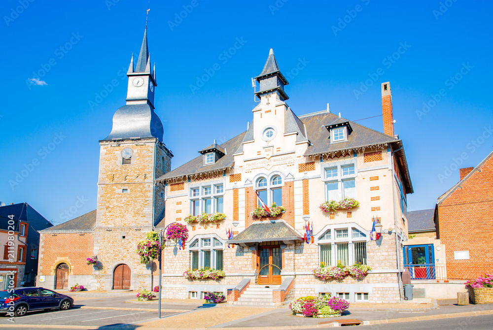 Historic city hall and church in Vireux-Wallerand, French Ardennes, Region Grand Est, Champagne-Ardenne, France